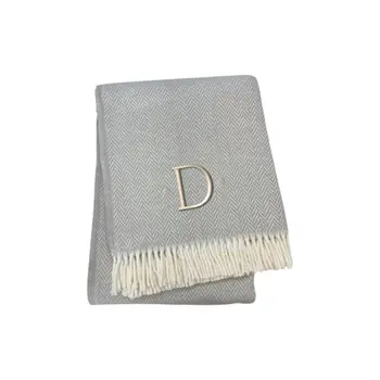 55" X 70" Gray And White Herringbone Cotton Blend D Initial Throw Blanket with Tassels And Embroidery