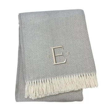 55" X 70" Gray And White Herringbone Cotton Blend E Initial Throw Blanket with Tassels And Embroidery