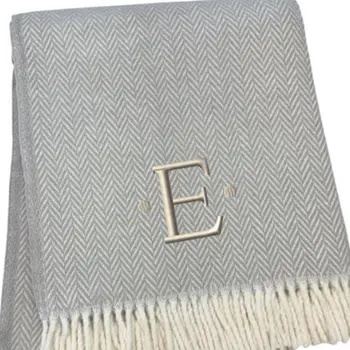 55" X 70" Gray And White Herringbone Cotton Blend E Initial Throw Blanket with Tassels And Embroidery