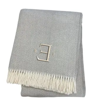 55" X 70" Gray And White Herringbone Cotton Blend E Initial Throw Blanket with Tassels And Embroidery
