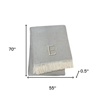 55" X 70" Gray And White Herringbone Cotton Blend E Initial Throw Blanket with Tassels And Embroidery