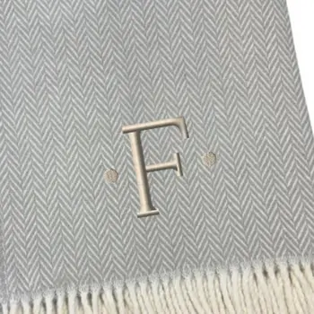 55" X 70" Gray And White Herringbone Cotton Blend F Initial Throw Blanket with Tassels And Embroidery