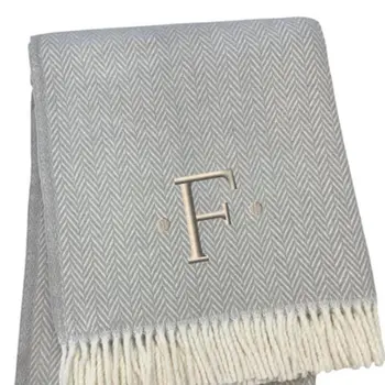 55" X 70" Gray And White Herringbone Cotton Blend F Initial Throw Blanket with Tassels And Embroidery