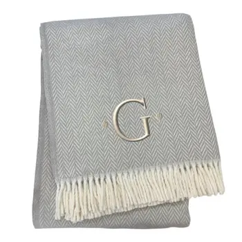 55" X 70" Gray And White Herringbone Cotton Blend G Initial Throw Blanket with Tassels And Embroidery