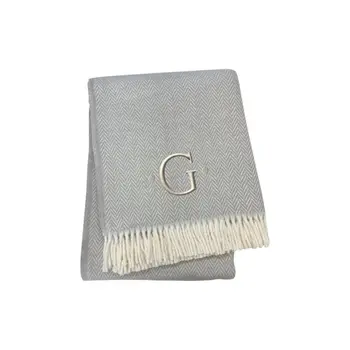 55" X 70" Gray And White Herringbone Cotton Blend G Initial Throw Blanket with Tassels And Embroidery