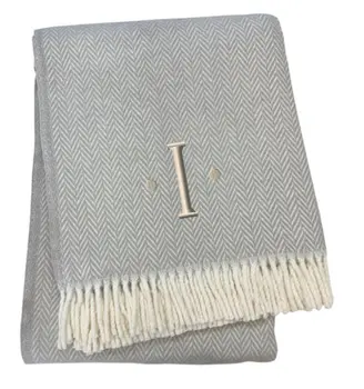 55" X 70" Gray And White Herringbone Cotton Blend I Throw Blanket with Tassels And Embroidery