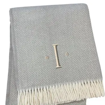 55" X 70" Gray And White Herringbone Cotton Blend I Throw Blanket with Tassels And Embroidery