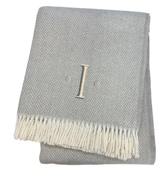 55" X 70" Gray And White Herringbone Cotton Blend I Throw Blanket with Tassels And Embroidery
