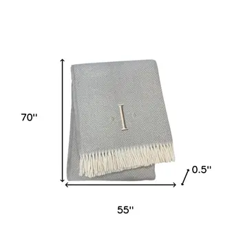 55" X 70" Gray And White Herringbone Cotton Blend I Throw Blanket with Tassels And Embroidery