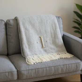 55" X 70" Gray And White Herringbone Cotton Blend I Throw Blanket with Tassels And Embroidery