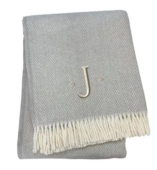 55" X 70" Gray And White Herringbone Cotton Blend J Throw Blanket with Tassels And Embroidery