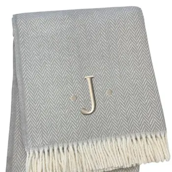 55" X 70" Gray And White Herringbone Cotton Blend J Throw Blanket with Tassels And Embroidery