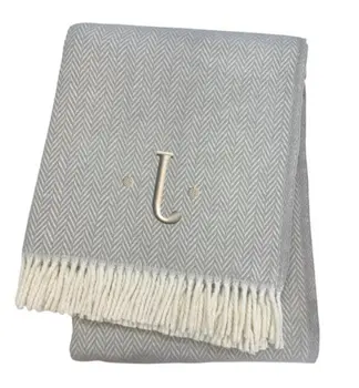 55" X 70" Gray And White Herringbone Cotton Blend J Throw Blanket with Tassels And Embroidery