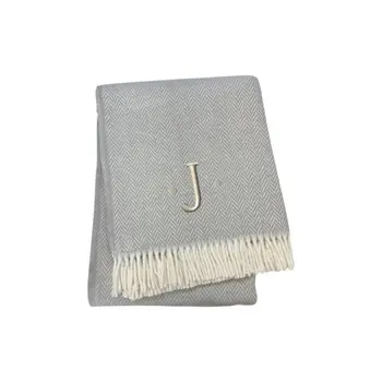 55" X 70" Gray And White Herringbone Cotton Blend J Throw Blanket with Tassels And Embroidery