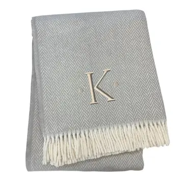 55" X 70" Gray And White Herringbone Cotton Blend K Initial Throw Blanket with Tassels And Embroidery