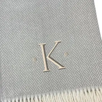 55" X 70" Gray And White Herringbone Cotton Blend K Initial Throw Blanket with Tassels And Embroidery