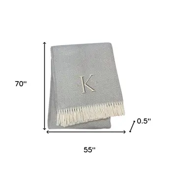 55" X 70" Gray And White Herringbone Cotton Blend K Initial Throw Blanket with Tassels And Embroidery