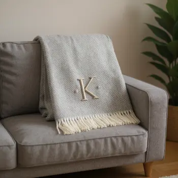 55" X 70" Gray And White Herringbone Cotton Blend K Initial Throw Blanket with Tassels And Embroidery