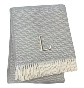 55" X 70" Gray And White Herringbone Cotton Blend L Initial Throw Blanket with Tassels And Embroidery