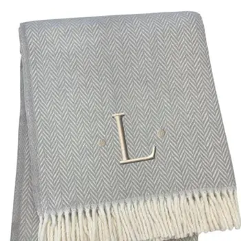 55" X 70" Gray And White Herringbone Cotton Blend L Initial Throw Blanket with Tassels And Embroidery