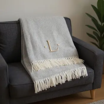 55" X 70" Gray And White Herringbone Cotton Blend L Initial Throw Blanket with Tassels And Embroidery