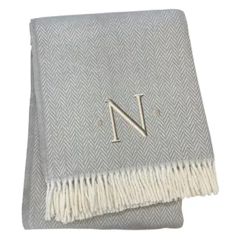 55" X 70" Gray And White Herringbone Cotton Blend Woven Throw Blanket with Tassels And Embroidery