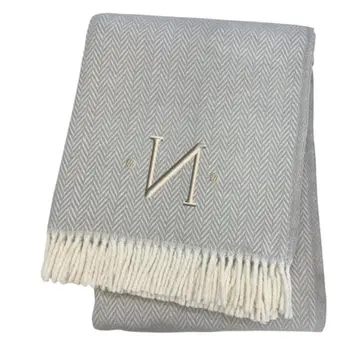 55" X 70" Gray And White Herringbone Cotton Blend Woven Throw Blanket with Tassels And Embroidery