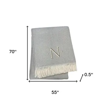 55" X 70" Gray And White Herringbone Cotton Blend Woven Throw Blanket with Tassels And Embroidery