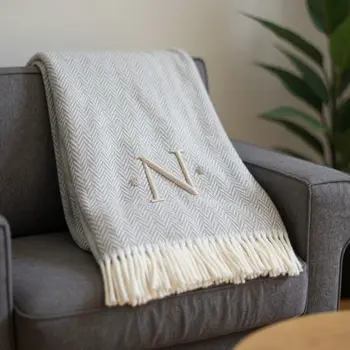 55" X 70" Gray And White Herringbone Cotton Blend Woven Throw Blanket with Tassels And Embroidery