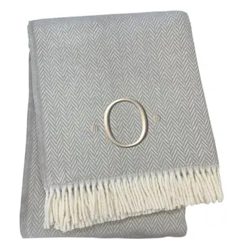 55" X 70" Gray And White Herringbone Cotton Blend O Initial Throw Blanket with Tassels And Embroidery
