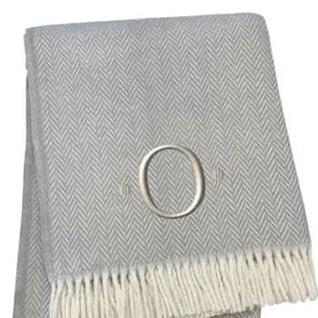 55" X 70" Gray And White Herringbone Cotton Blend O Initial Throw Blanket with Tassels And Embroidery