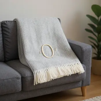55" X 70" Gray And White Herringbone Cotton Blend O Initial Throw Blanket with Tassels And Embroidery