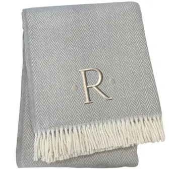 55" X 70" Gray And White Herringbone Cotton Blend R Initial Throw Blanket with Tassels And Embroidery