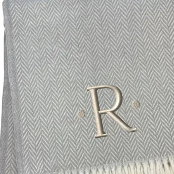 55" X 70" Gray And White Herringbone Cotton Blend R Initial Throw Blanket with Tassels And Embroidery