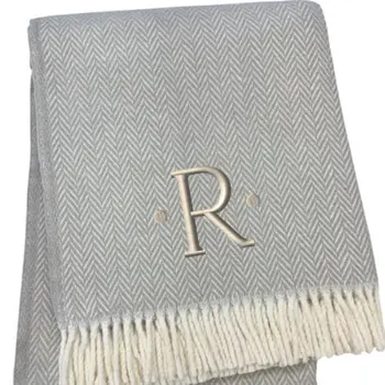 55" X 70" Gray And White Herringbone Cotton Blend R Initial Throw Blanket with Tassels And Embroidery