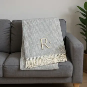 55" X 70" Gray And White Herringbone Cotton Blend R Initial Throw Blanket with Tassels And Embroidery