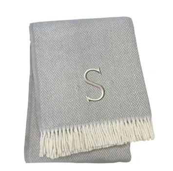 55" X 70" Gray And White Herringbone Cotton Blend S Initial Throw Blanket with Tassels And Embroidery