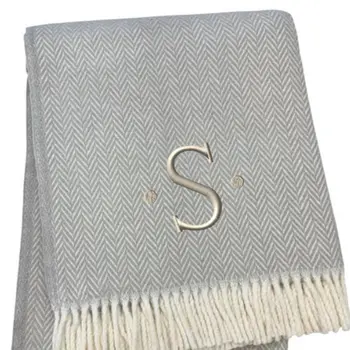 55" X 70" Gray And White Herringbone Cotton Blend S Initial Throw Blanket with Tassels And Embroidery