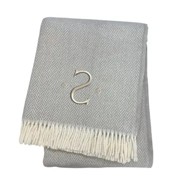 55" X 70" Gray And White Herringbone Cotton Blend S Initial Throw Blanket with Tassels And Embroidery