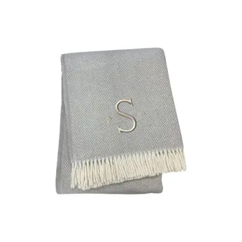 55" X 70" Gray And White Herringbone Cotton Blend S Initial Throw Blanket with Tassels And Embroidery