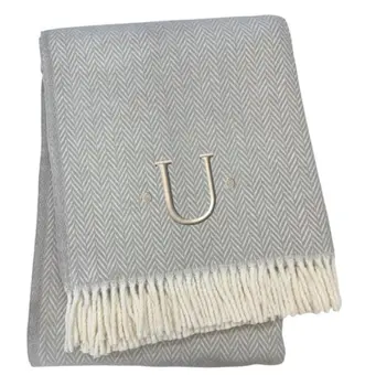 55" X 70" Gray And White Herringbone Cotton Blend U Initial Throw Blanket with Tassels And Embroidery