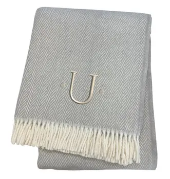 55" X 70" Gray And White Herringbone Cotton Blend U Initial Throw Blanket with Tassels And Embroidery