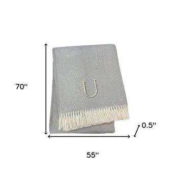 55" X 70" Gray And White Herringbone Cotton Blend U Initial Throw Blanket with Tassels And Embroidery