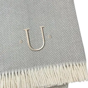 55" X 70" Gray And White Herringbone Cotton Blend U Initial Throw Blanket with Tassels And Embroidery