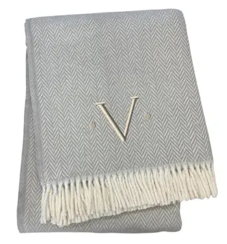 55" X 70" Gray And White Herringbone Cotton Blend V Initial Throw Blanket with Tassels And Embroidery