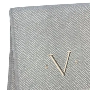 55" X 70" Gray And White Herringbone Cotton Blend V Initial Throw Blanket with Tassels And Embroidery