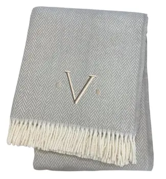 55" X 70" Gray And White Herringbone Cotton Blend V Initial Throw Blanket with Tassels And Embroidery