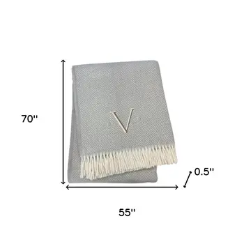 55" X 70" Gray And White Herringbone Cotton Blend V Initial Throw Blanket with Tassels And Embroidery