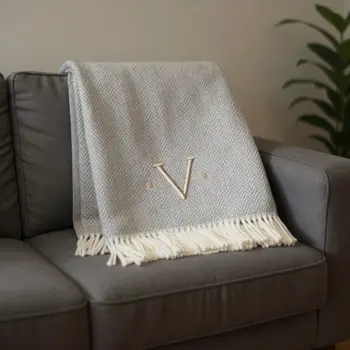55" X 70" Gray And White Herringbone Cotton Blend V Initial Throw Blanket with Tassels And Embroidery