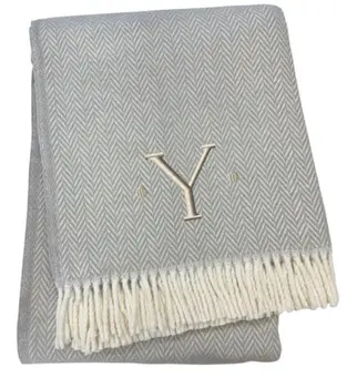 55" X 70" Gray And White Herringbone Cotton Blend Woven Throw Blanket with Tassels And Embroidery